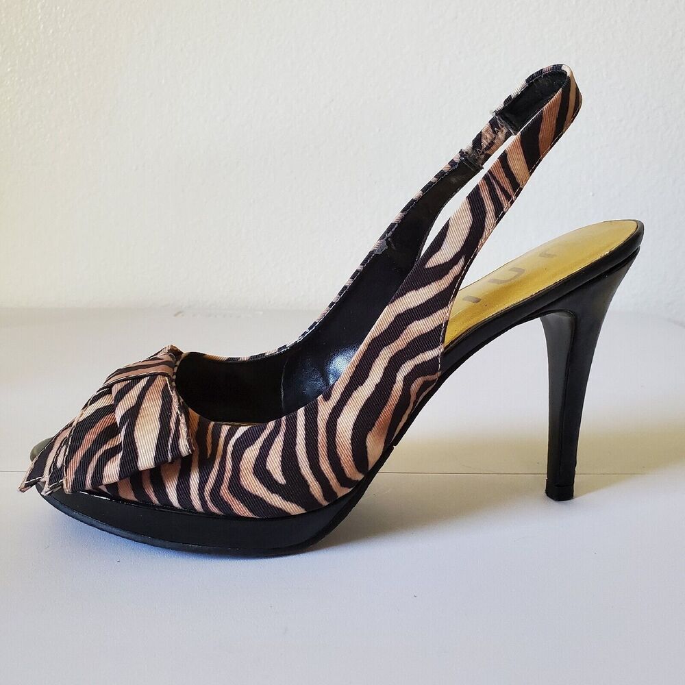 Unisa Womens 8 Slingback Brown Black Zebra Print High Heel Peep Toe Heels